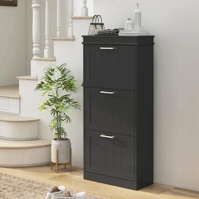 HOMCOM Shoe Cabinet for Entryway, Narrow Shoe Rack Storage Organizer with 3 Flip Drawers and Adjustable Shelves