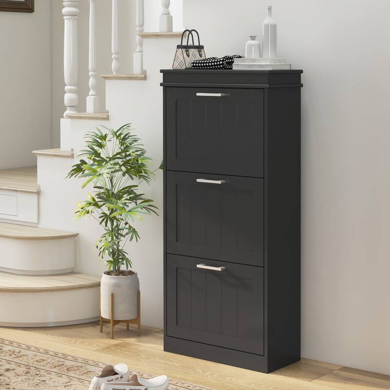 Narrow Shoe Storage Rack Cabinet with 3 Flip Drawers and Adjustable Shelves for Hallway, Entryway and Compact Space Organizer