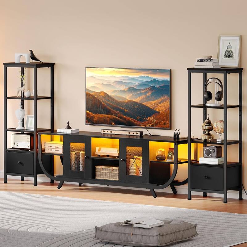 Moasis 3-Piece Wall Unit Entertainment Center Set with Bookshelf and 2 Drawers - Black