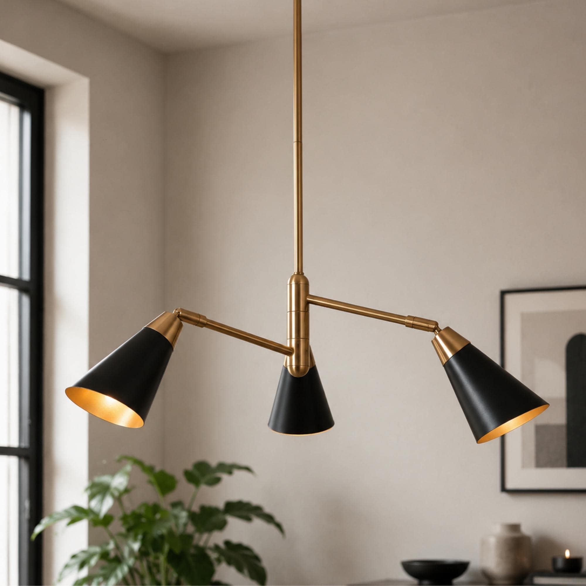 23 in. Mid Century Modern 3-Arm Black and Gold Pendant Chandelier with Adjustable Metal Cone Shades for Dining Room