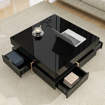 Modern Square Coffee Table with 4 Drawers, High Gloss Cocktail Tea Table with Wood Grain Legs, Accent Center Table