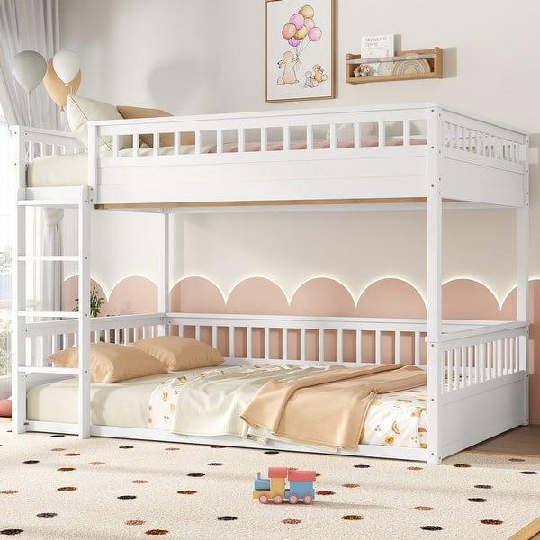 slide 2 of 13, Convertible Bunk Bed with Ladder and Safety Guardrails, Solid Wood Frame Off White