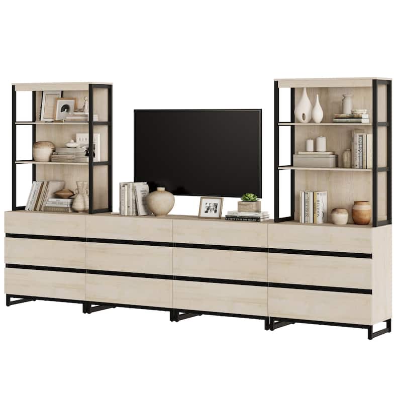 WAMPAT Modern TV Stand with 3 Tiers Bookshelf, Farmhouse Entertainment Center with 12 Drawers and Adjustable Shelf