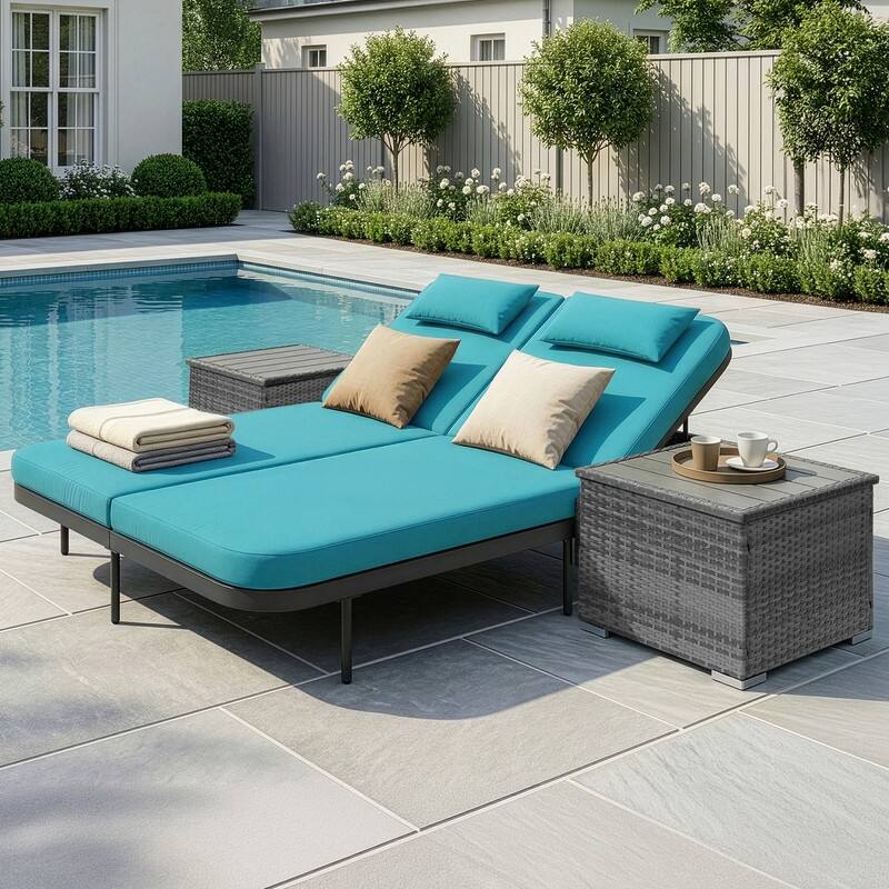 2-Person Outdoor Double Chaise Lounge with 2 Side Tables, Wicker Patio Reclining Daybed, Adjustable Backrests, 800 lb Capacity