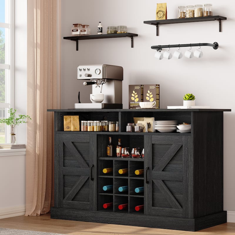 Moasis 47"Farmhouse Coffee Bar Cabinet with Floating Shelf - 15.75"D x 47.24"W x 33.86"H - Black