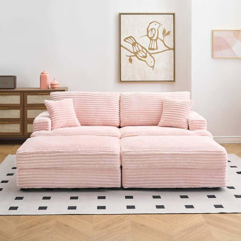 Corduroy Sleeper Sectional Sofa Loveseat Couch with 2 Storage Ottomans