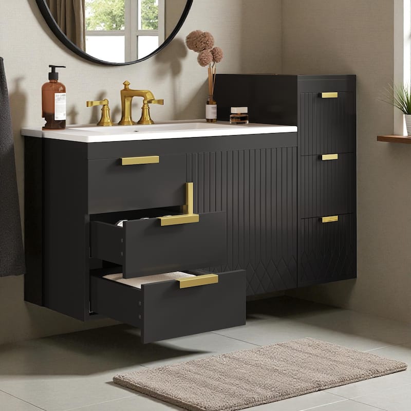 30" Wall Mounted Bathroom Vanity with Sink and Side Cabinet, Modern Floating Bathroom Cabinet with Soft-Close Doors and Drawers - Black