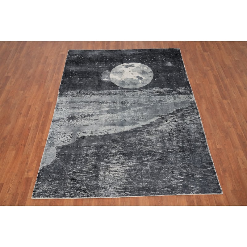 Hand Knotted Oriental Viscose Silk Carpet Modern Pictorial Greys & Charcoal Abstract Area Rug - 7' 5'' X 5' 7''