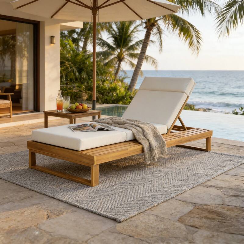 Christopher Knight Home - Modern Outdoor Acacia Wood Chaise Lounge with 4-Position Adjustable Backrest & 4-Fold Cushion