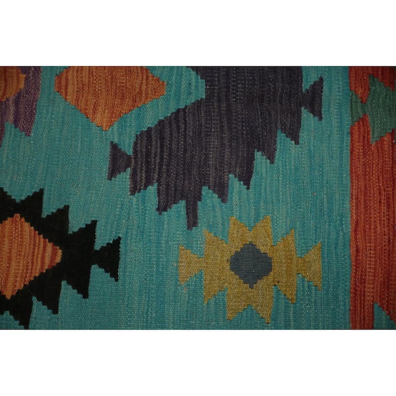 Hand Woven Oriental 100% Wool Carpet Southwestern Modern Navy Blue & Blues Kilim Area Rug - 11' 6'' X 4' 10''