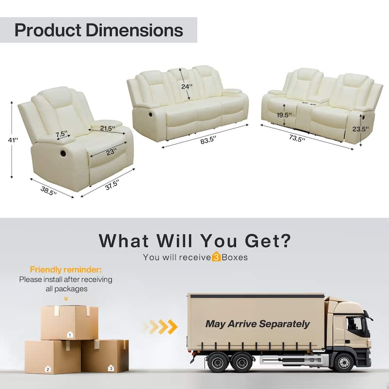 Modern 3-Piece Leather Recliner Sofa Set with LED, Wireless Charging