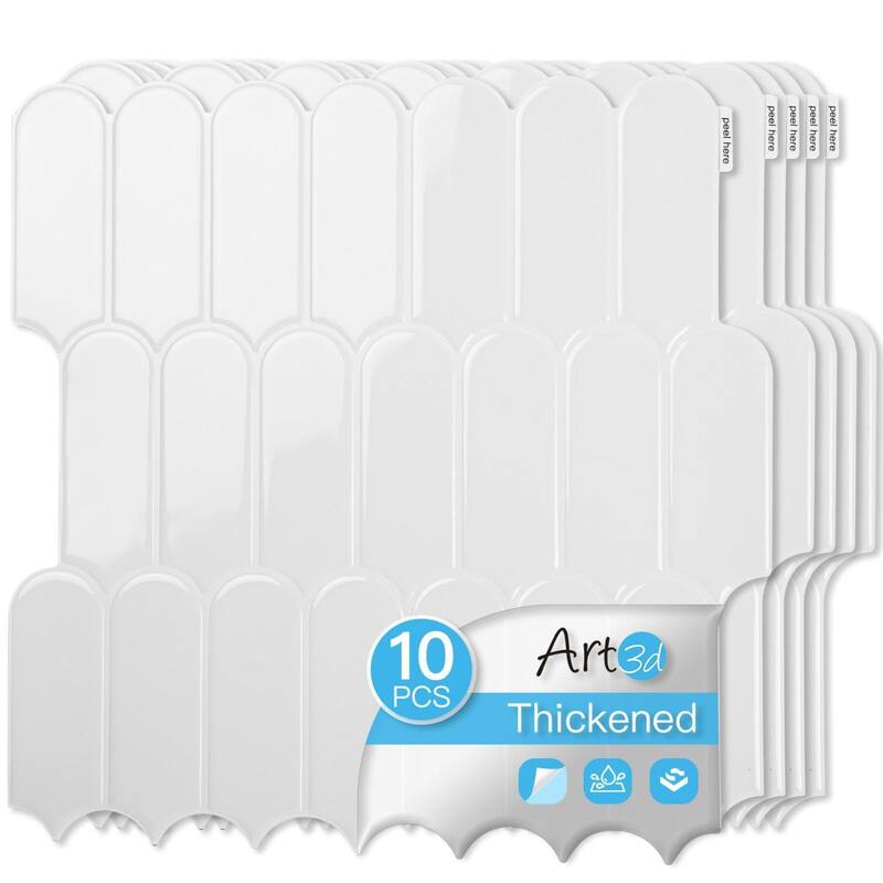 Art3d 10pcs Peel and Stick Backsplash Thickened Tiles, 12''x12'', Cover 10 Sq.Ft. - N/A - White