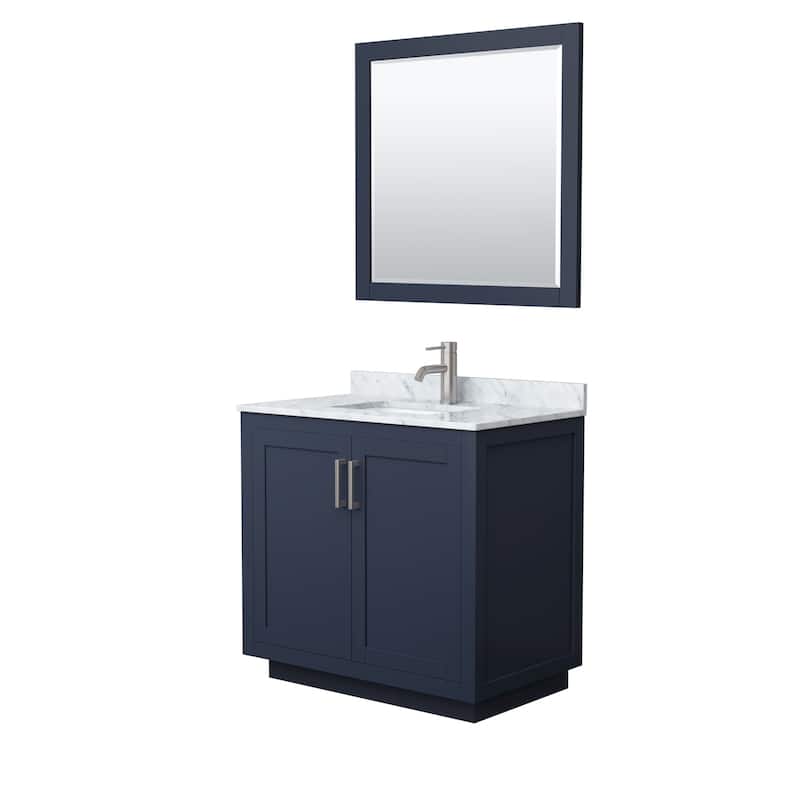 Miranda Single Vanity Set, White Carrara Marble Top, 34-Inch Mirror - 36-Inch Single - Dark Blue, Nickel Trim, White Carrara Marble Top