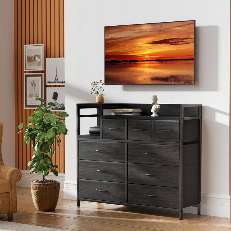 TV Stand with Power Outlet, Bedroom Dresser with 9 Drawers,