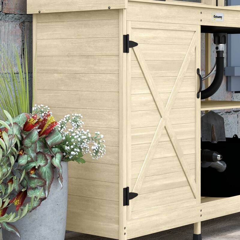 Outsunny Wooden Potting Bench, Outdoor Potting Table with Storage Cabinet, Storage Shelves, Sink