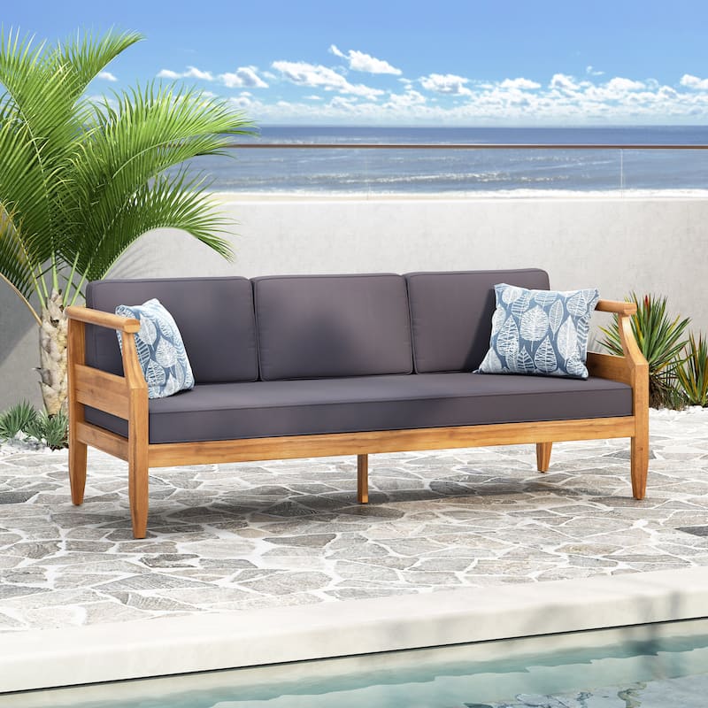 Roomfitters Modern 3-Seater Patio Sofa with Acacia Wood Frame and Charcoal Cushions, Dark Grey
