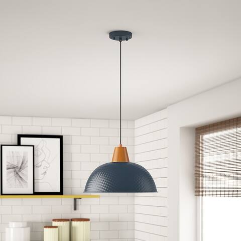 Industrial Farmhouse Pendant Light Fixture with Metal Shade and Faux Wood Grain Design
