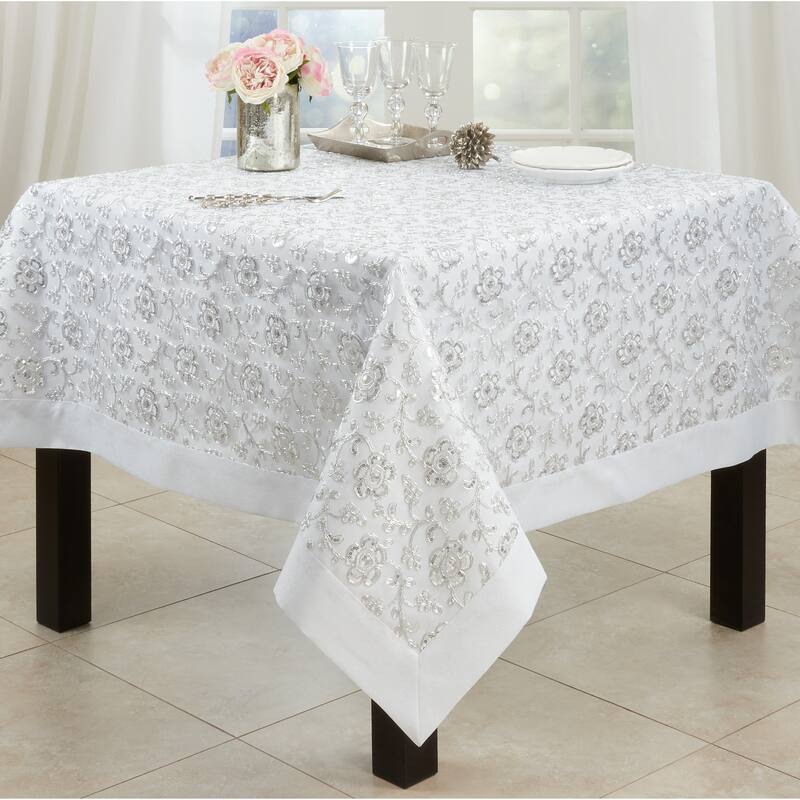 Embroidered Tablecloth With Floral Design - 65"x65" - White