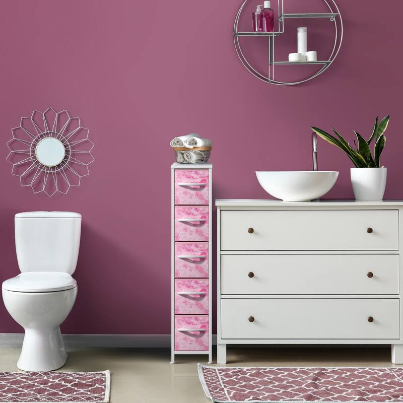 Sorbus Narrow Dresser with 5 Drawers - Vertical Slim Storage Chest of Drawers with Steel Frame, Wood Top & Easy Pull Fabric Bins