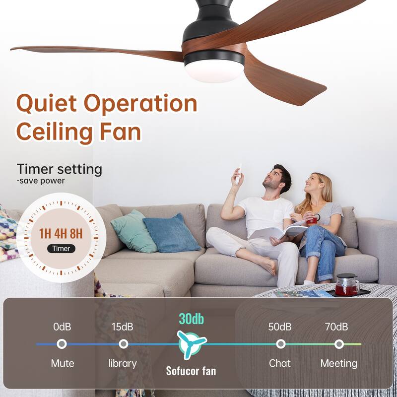 52 Inch Ceiling Fan With Light and Remote Brushed Nickel Low Profile Ceiling Fan 6 Wind Speed - 52in