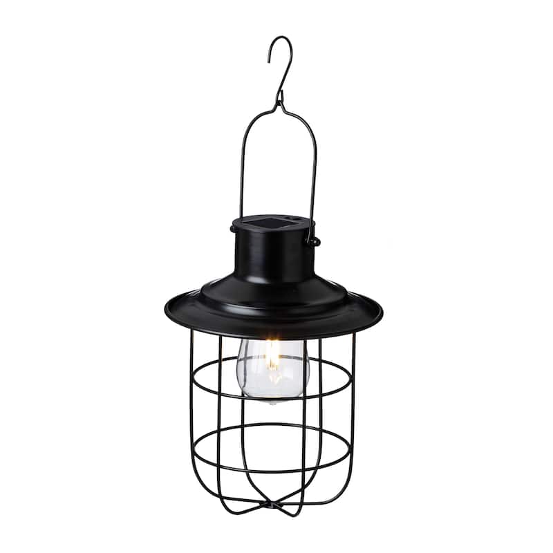 Glitzhome 9.75"H Metal Wire Solar Powered Outdoor Hanging Lantern - Black