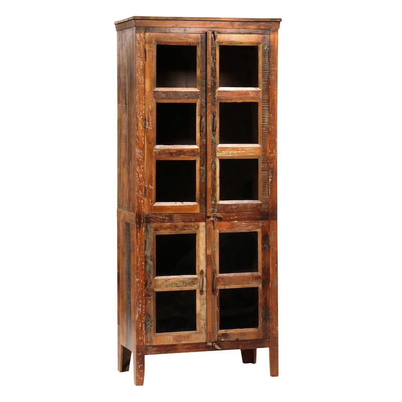 Journee 84-inch Tall Distressed Painted Reclaimed Mango Wood and Glass Storage Cabinet - Medium Brown