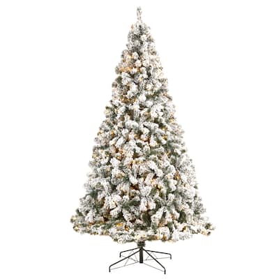 9ft. Flocked Fir Artificial Christmas Tree with 650 Clear LED Lights and 1320 Branches - Snowy Holiday X-Mas Showpiece