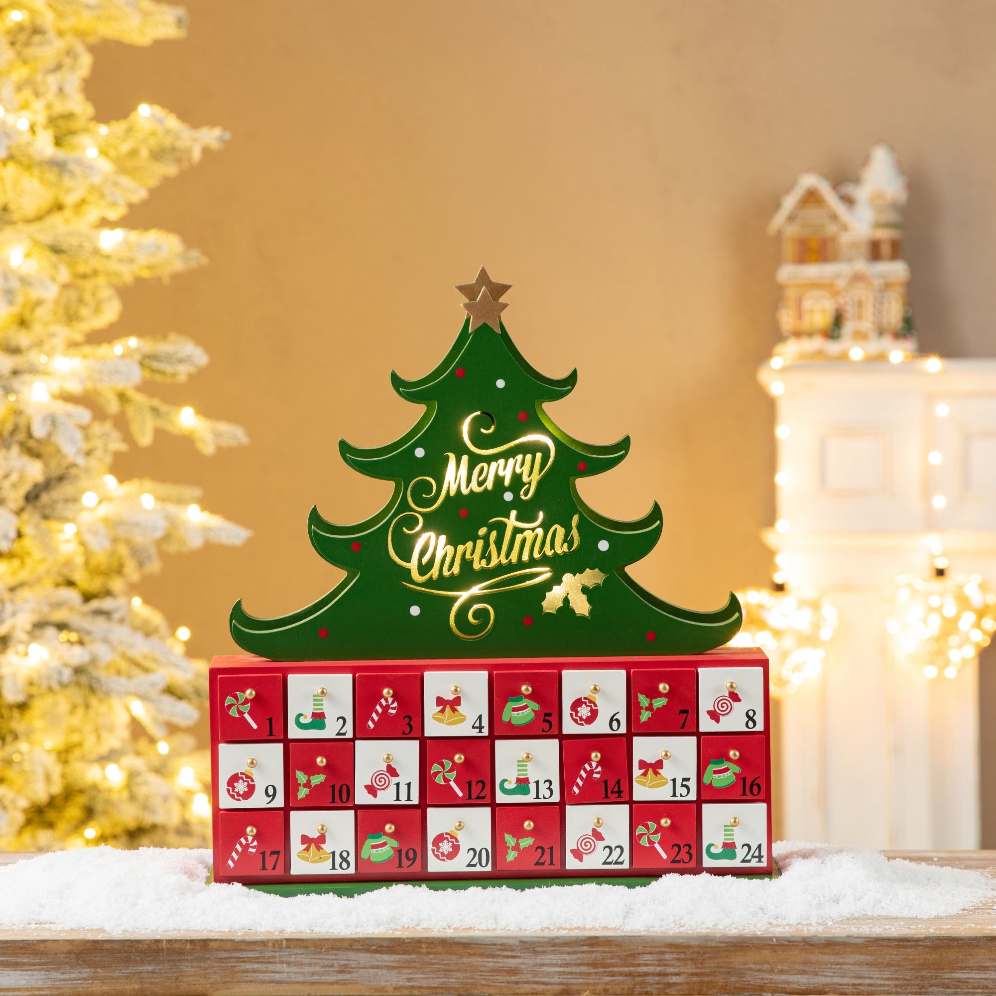 Glitzhome 15.25"H Lighted Wooden Christmas Tree Advent Calendar Decor - Multicolor