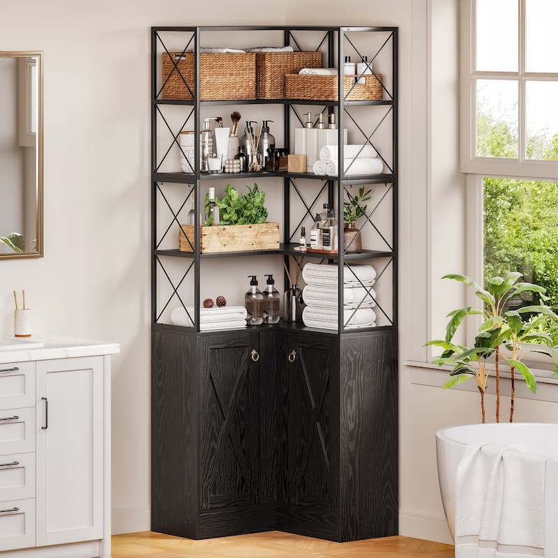 79" Tall Corner Storage Cabinet with Dooor and 4-tier Shelf - 11.81"D x 27.56"W x 79.13"H