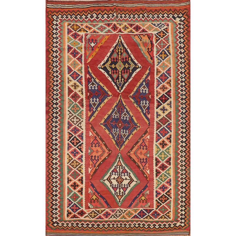 Orange Kilim Qashqai Persian Vintage Rug Flatweave Wool Carpet - 5'5"x 8'5"