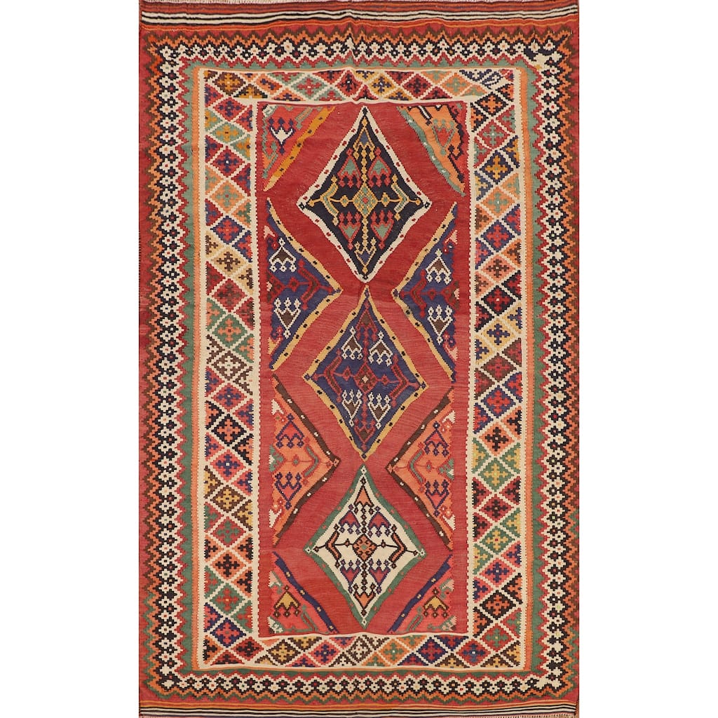 Orange Kilim Qashqai Persian Vintage Rug Flatweave Wool Carpet - 5'5"x 8'5"