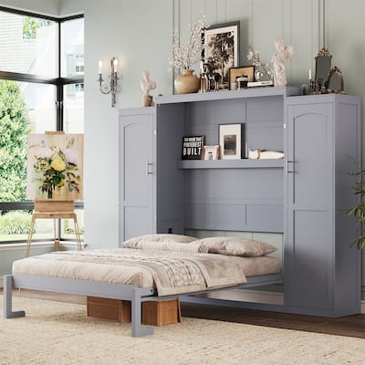 Full Size Wood Murphy Bed with 2 Wardrobe and Storage Shelf