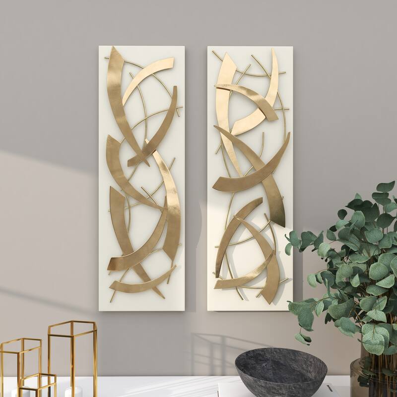 Gold Metal Dimensional Abstract Wall Decor with Black or White Wood Backing (Set of 2)