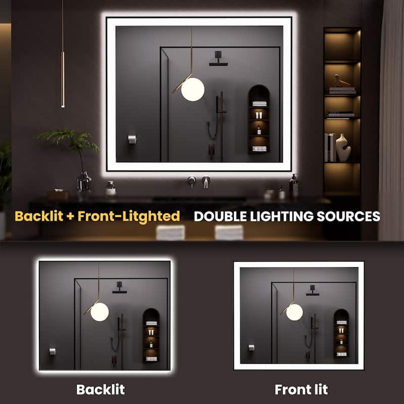 48x40 Inch Frameless LED Bathroom Mirror Smart Dimmable Anti Fog Tempered Glass White