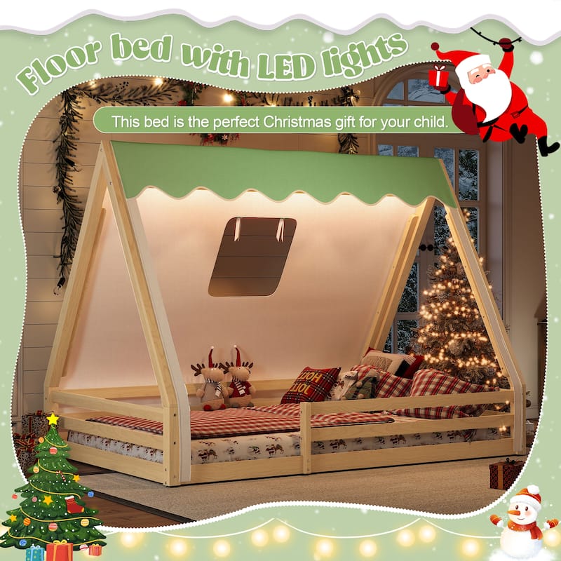 Full/Twin House Floor Bed with Tent, LED Light & Guardrails
