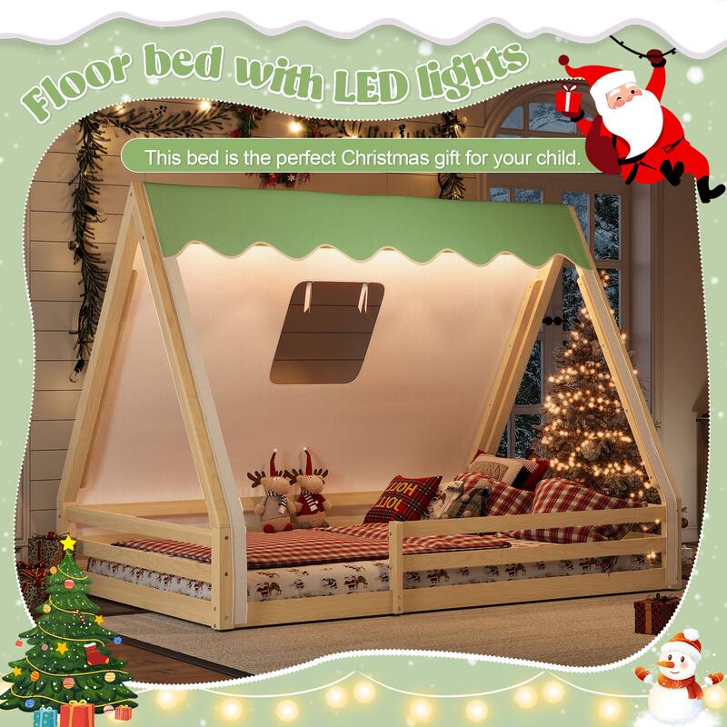 House Floor Bed with Tent and Light Montessori Kids Wood Bed Frame