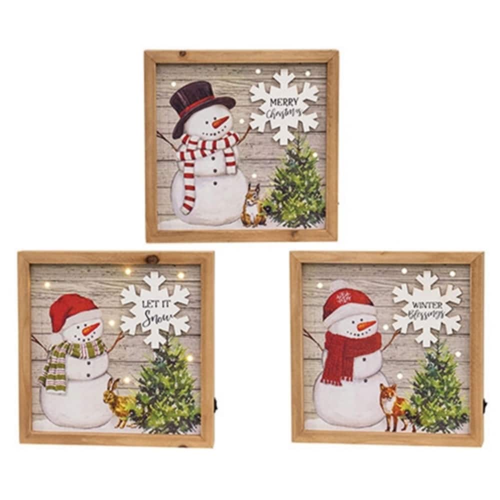 Rustic Snowman LED Box Signs Lighted Christmas Decor 3 Asstd. - 8” x 1.38” x 8”