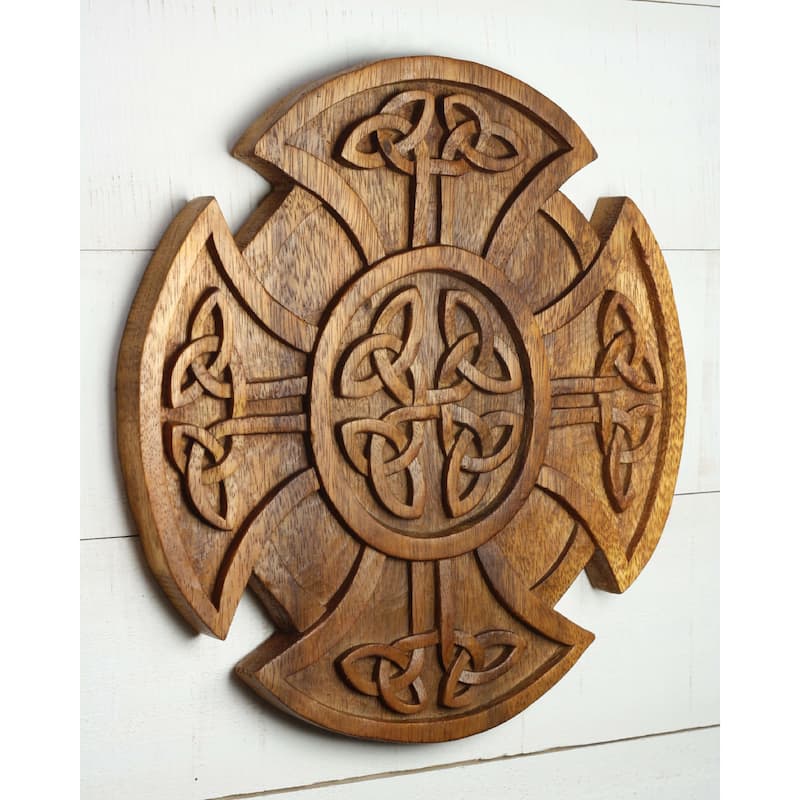 Hand Carved Wooden Celtic Knot Cross Wall Panel - Intricate Irish Decor, Rustic Wall Art