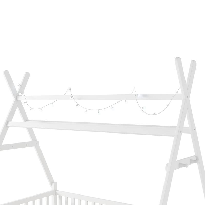 Twin House Bed with Light, Low Floor Design, Fence and Roof for Kids, White