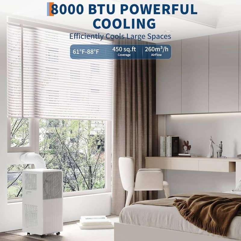 8000 Btus Portable Air Conditioner with Cool, Fan, Dehumidifier for Bedroom, Office - N/A