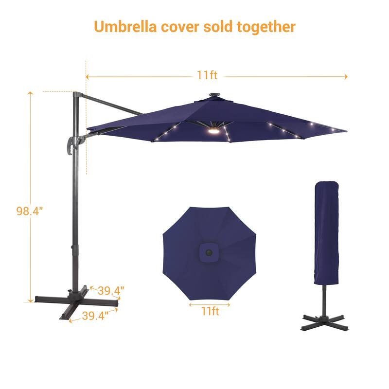 LIVOOSUN 11FT LED Cantilever Patio Umbrella 240g Solution-Dyed Fabric