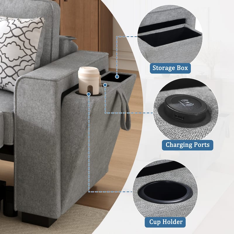 83.9" Convertible Sectional Sofa Bed with Dual Pull-Out Sleepers, Flip-Top Table, USB Ports, Cup Holder & Storage