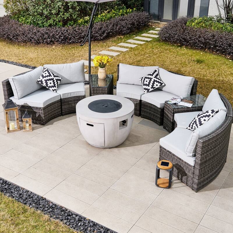 9-Piece Modular Patio PE Rattan Sofa Set with 50000BTU Terrafab Composite Fire Pit Table