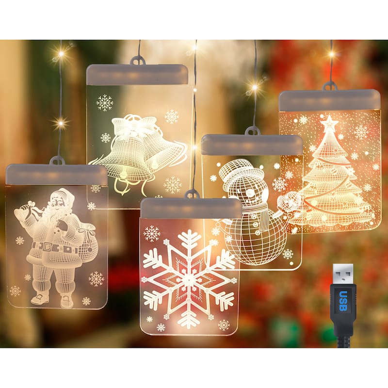 Christmas Window Lights - 3D Acrylic LED Hanging Decoration Curtain Light Santa, Snowflake, Snowman, Tree & Jingle Bells USB
