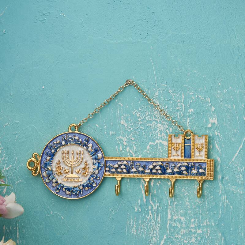 Matashi Hand-Painted Enamel Menorah & Jerusalem Cityscape Design Decorative Hanging Wall Hooks for Entryway Hallway Bedroom