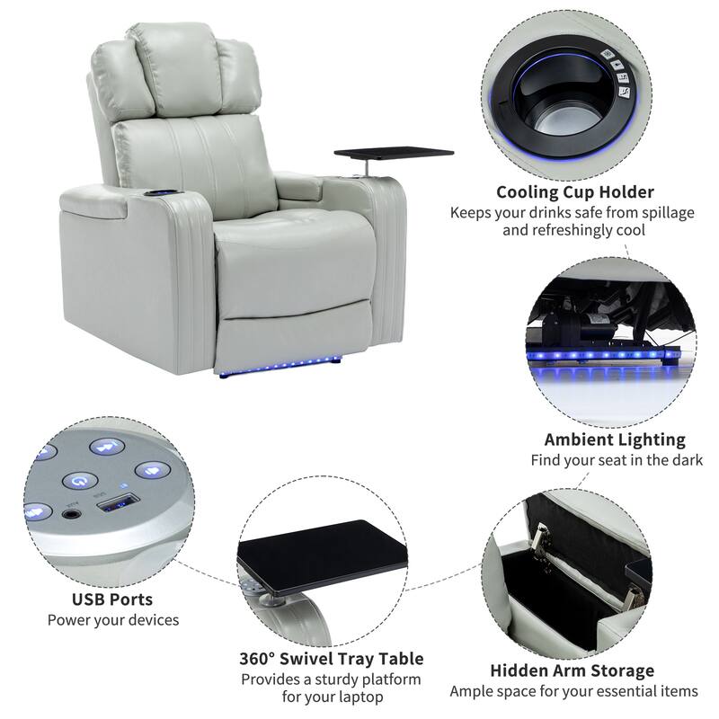 Power Recliner Individual Seat Home Theater Recliner with Cooling Cup Holder, Bluetooth Speaker, LED Lights, USB Ports