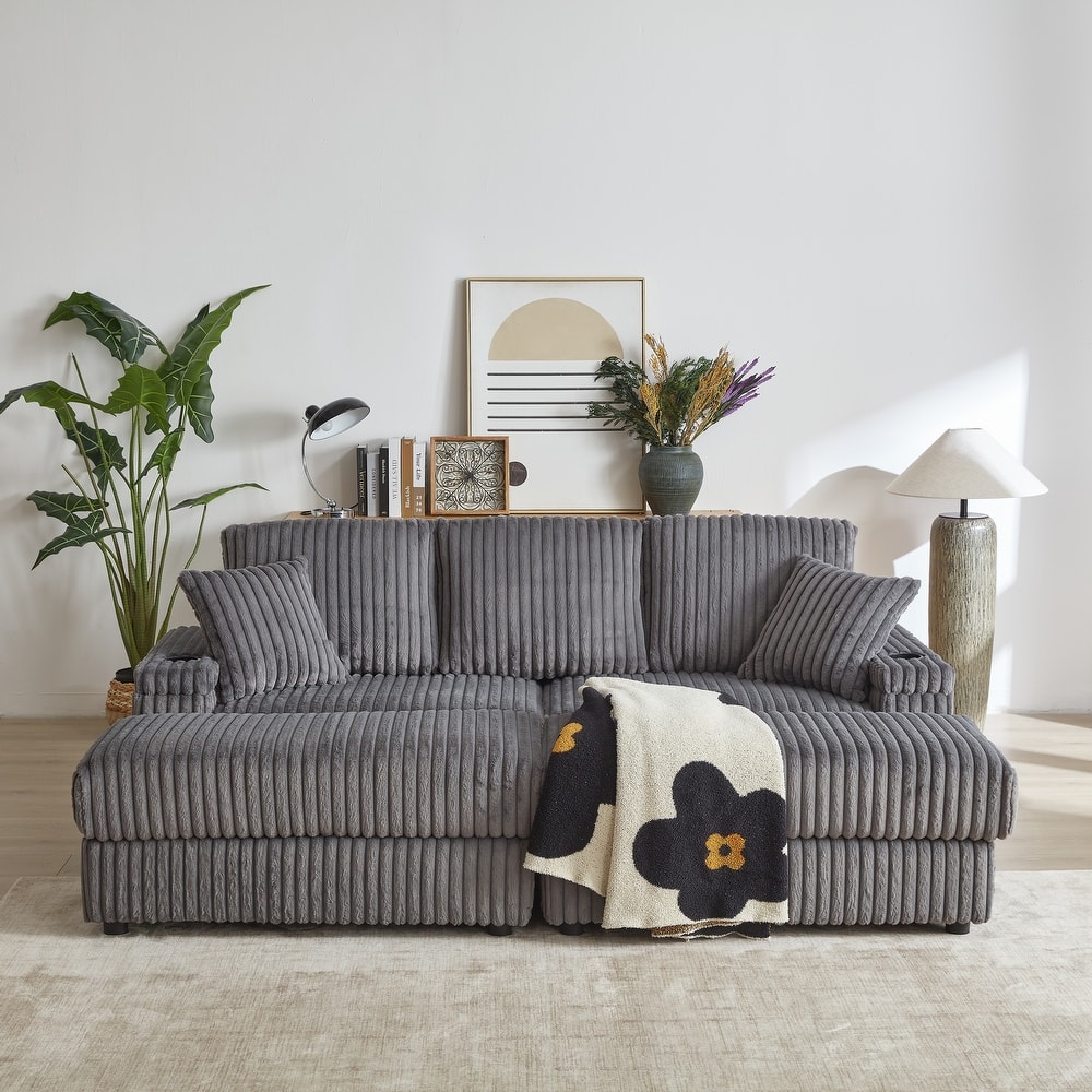 84" Corduroy Deep Seat Sofa Set with 5 Pillows for Livingroom 3-seater Storage Sofa with Ottoman and Cup-holding