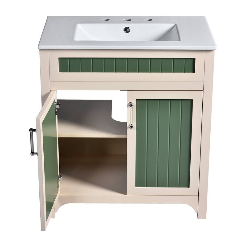 30 Inch Single Sink Freestanding Bathroom Vanity in Green with White Ceramic Top