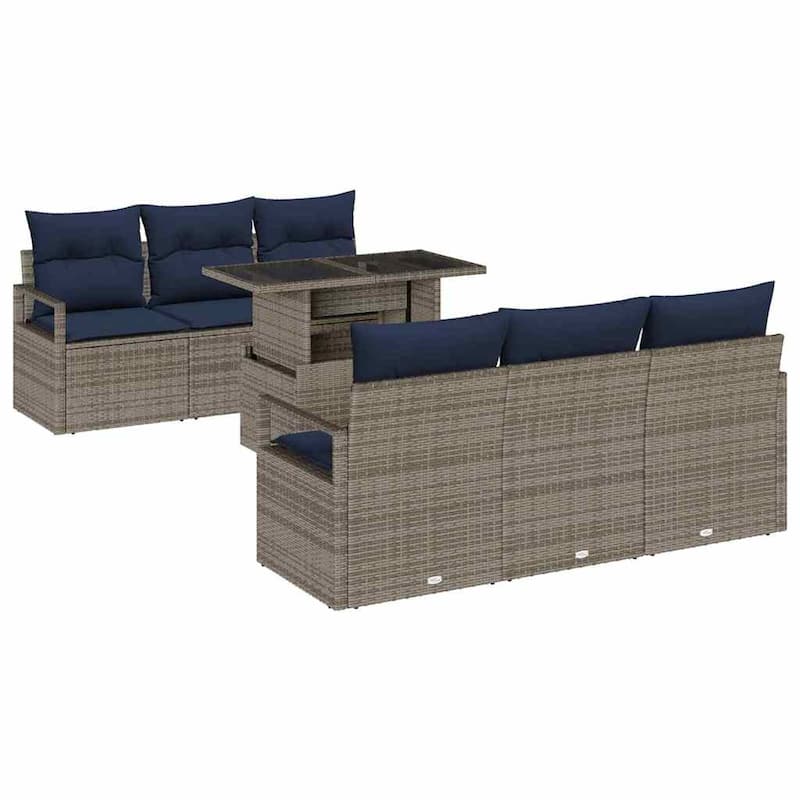 vidaXL 7 Garden Sofa Set with Cushions Black/Brown/Grey Poly Rattan - 68.9 x 24.4 x 27.2