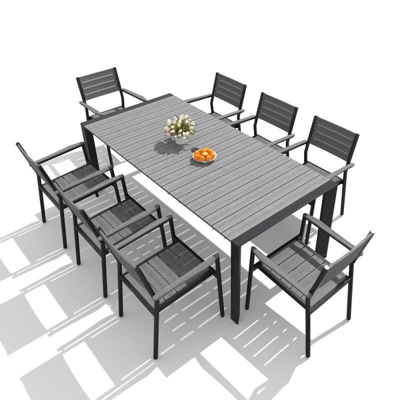 7/9/11-Piece Set Outdoor Aluminum Dining Table with Umbrella Hole and Stackable Dining Chairs